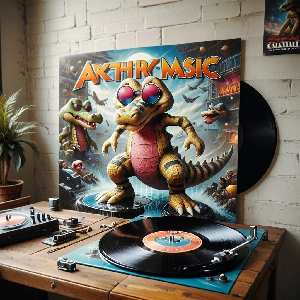 (((4lbum4rt, record jacket, text "KROKOROCK")))
((Barefoot furry character, full body, cinematic setting, scaly male, plantigrade))
(((krokorok))), pokemon (creature), DJ, disco, party, dark sclera, dynamic angle, wearing sunglasses, action.
BREAK, intricate details, highly detailed, extreme detail, octane render, fine art, best quality, highres, (detailed face:1.5), ((full_body)), UHD, (((perfect hands))), low light, anime
