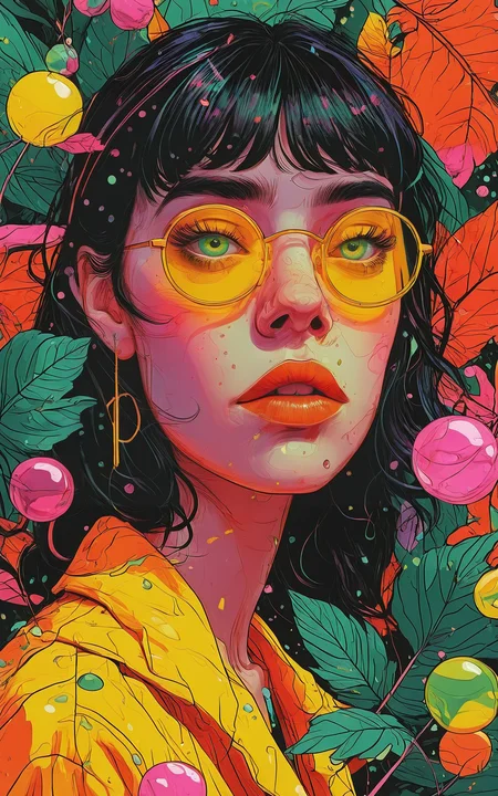 <lora:Graphic_Portrait_v2:1><lora:Game_Face:0.75>,pop surrealism,pop art,drawing,painting,concept art by syd mead,Akira style,retro futuristic,flat colors,game_face,flat_color_illustration,detailed line art,LineWork,emphasis line,fine details,full background,manga,cell shading,pastel colors,Nana Komatsu face,woman,shadows cast on her face,Fashion_greenyellow_sunglasses,bubbles,full figure,bright colors,vibrant colors,pastel colors,plants,plants everywhere,leaves everywhere,indoor plants,Neon_Environments,(colored_Neon_Environments_lightpink_green_and_purple:0.1),embodying the essence of digital futurism,
<lora:add-detail-xl:0.85><lora:DD-pnte-neg-v1:-1.5><lora:DetailedEyes_V3:0.85><lora:MJ52:0.5>,