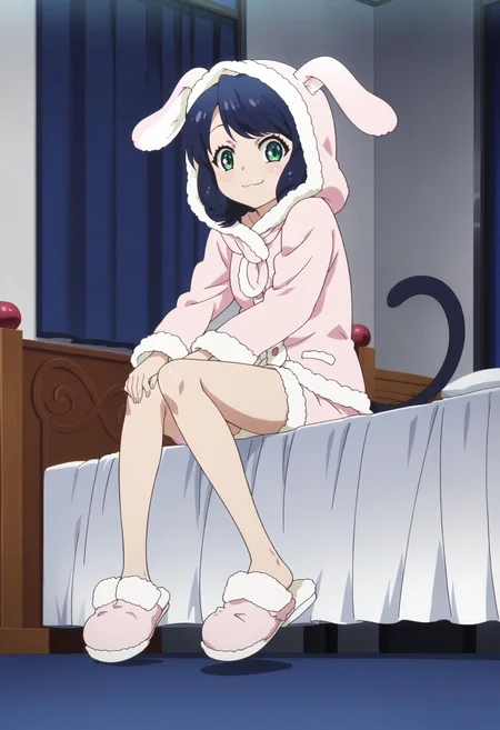 score_9, score_8_up, score_7_up, score_6_up, score_5_up, score_4_up , anime coloring ,BREAK source_anime, anime,screencap,
1girl, solo,cyanh, cat ears, rabbit hoodie, hood up, pajama shorts, sleepwear, cat tail, pajamas, slippers <lora:PonyXL Cyan Hijirikawa V5:1>
indoors, bedroom, full body, sitting on bed,
smile, looking at viewer,