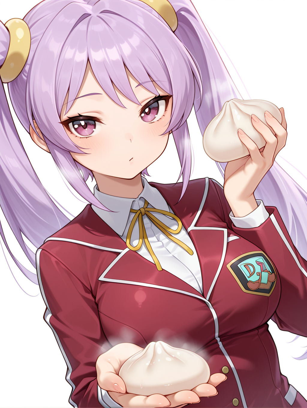 fujiwara yukino, 1girl, solo, baozi, duel academy uniform \(yu-gi-oh! 5d's\), large breasts, looking at viewer, upper body, yellow hair ornament, yellow neck ribbon, red blazer, white collared shirt, holding baozi, dutch angle, simple background, white background, outstretched hand,
masterpiece,best quality,amazing quality,very aesthetic,absurdres,newest,<lora:Fujiwara Yukino illusXL v1:0.77>,