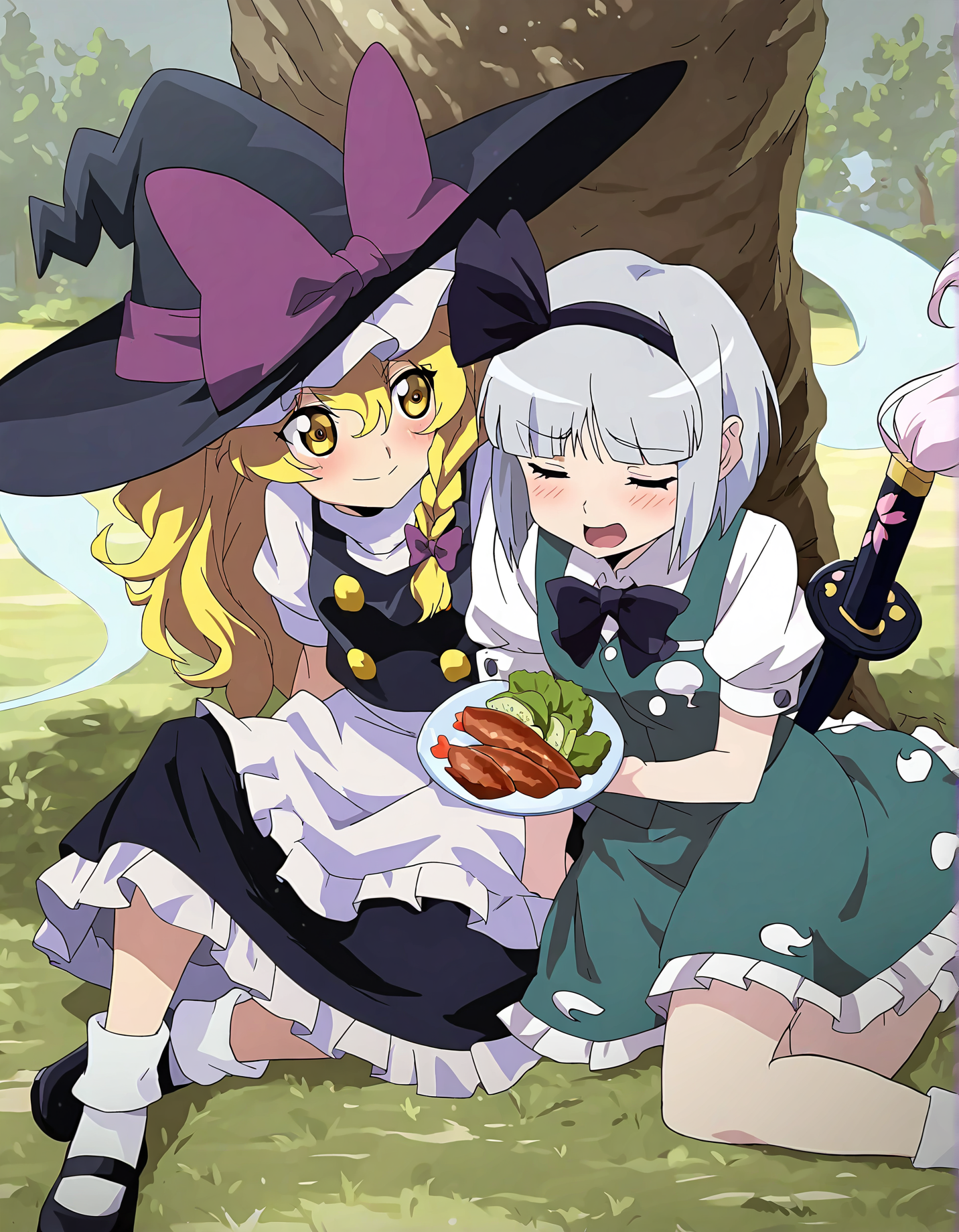 memoriesofphantasm, kirisame marisa, konpaku youmu, multiple girls, 2girls, witch hat, hat, vest, blonde hair, mushroom, bow, yellow eyes, short sleeves, green vest, braid, konpaku youmu (ghost), puffy sleeves, puffy short sleeves, long hair, closed eyes, shirt, black bowtie, white shirt, bowtie, tree, hairband, general, single braid, black hairband, skirt, buttons, hat bow, black bow, apron, purple bow, fish, short hair, sword, grey hair, weapon, black vest, frills, green skirt, katana, food, fish (food), black headwear, grass, waist apron, blush, open mouth, plate, collared shirt, outdoors, white apron, sitting, ribbon, flower, anime coloring, hair ribbon, skirt set, against tree, parody, closed mouth, turtleneck, side braid, hair bow, frilled skirt, style parody, sheath, cup, blunt bangs, bird, black ribbon, holding
very awa, masterpiece, best quality, year 2024, newest, highres, absurdres, <lora:memories-of-phantasm-style-noobai-vpred10:1>