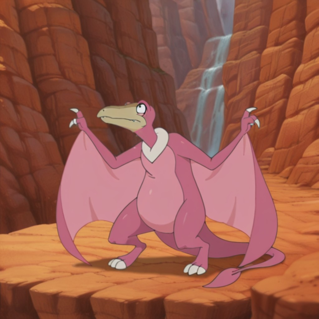 masterpiece, best quality, amazing quality, Rinkuslbtil, feral, male, Rhamphorhynchus, pink skin, black eyes, winged arms, tail, standing,  canyon, front view, <lora:12d082cb-6be3-4aa4-8e80-336d955ca123:1.0>