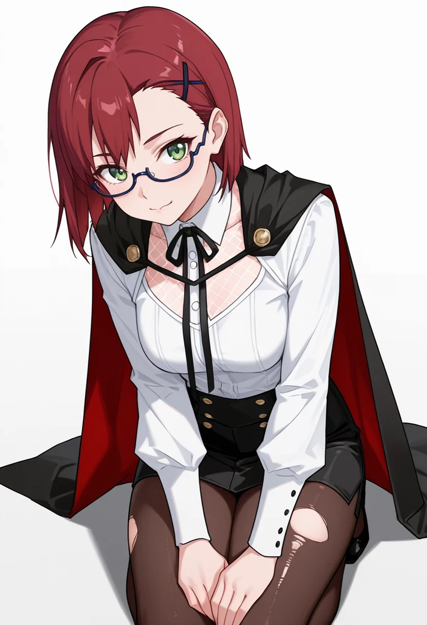 Smooth Quality,masterpiece,very intricate, high quality details, ultra realistic, high detailed skin,detailed enviorement,absurdres,
<lora:Dina_Sera_CNR:0.8> dina_cnr, red hair, short hair, asymmetrical bangs, green eyes,semi-rimless eyewear, medium breasts,hair ribbon,cape, ,mesh shirt, ,torn pantyhose, ,, simple background, white background, front view,
kneeling on floor, thighs together, hands resting on lap, spine straight ,, 0 0,