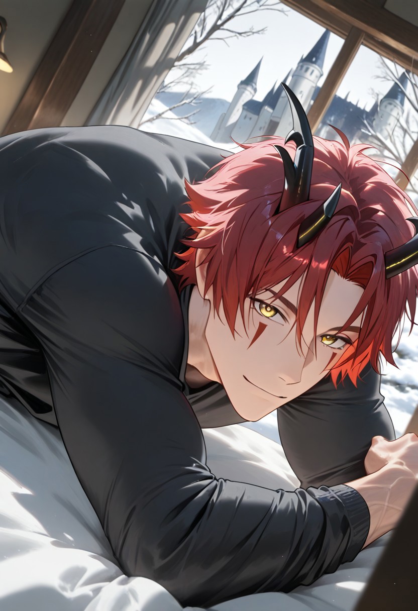 //General, masterpiece,best quality,amazing quality, source_anime, intricately detailed illustration, very aesthetic, absurdres, newest, anime coloring, subsurface scattering, , natural lighting, Expressiveh, detailed skin, shiny skin,aesthetics light, depth of field, vibrant colors,
//Fashion, black shirt, long sleeves, 
//Background, castle interior, indoors, snow background outside the window, 
//Others, 1boy, male focus, solo male, manly body, 
//Action, looking at viewer,  light smile, close up, upper body,
BREAK,
red hair, yellow eyes, horns, facial mark