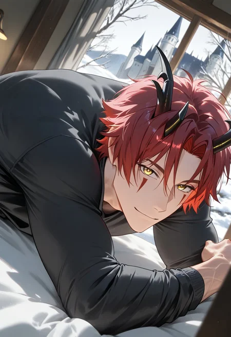 //General, masterpiece,best quality,amazing quality, source_anime, intricately detailed illustration, very aesthetic, absurdres, newest, anime coloring, subsurface scattering, , natural lighting, Expressiveh, detailed skin, shiny skin,aesthetics light, depth of field, vibrant colors,
//Fashion, black shirt, long sleeves,
//Background, castle interior, indoors, snow background outside the window,
//Others, 1boy, male focus, solo male, manly body,
//Action, looking at viewer, light smile, close up, upper body,
BREAK,
red hair, yellow eyes, horns, facial mark