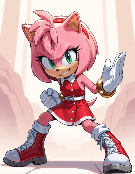 1girl, solo, full body, no humans, sonic \(series\),
<lora:Movie-Amy:1> movieamy, pink fur, green eyes, animal nose, body fur, hedgehog tail, petite, short legs,
short hair, bob cut, red hairband,
red dress, sleeveless dress, backless outfit, white belt, collared dress, gold bracelet,
white socks, white gloves, standing, lace-up boots, red boots, white boots, two-tone boots, looking at viewer,
fighting stance, grin, v-shaped eyebrows, extremely detailed, highres, masterpiece, best quality