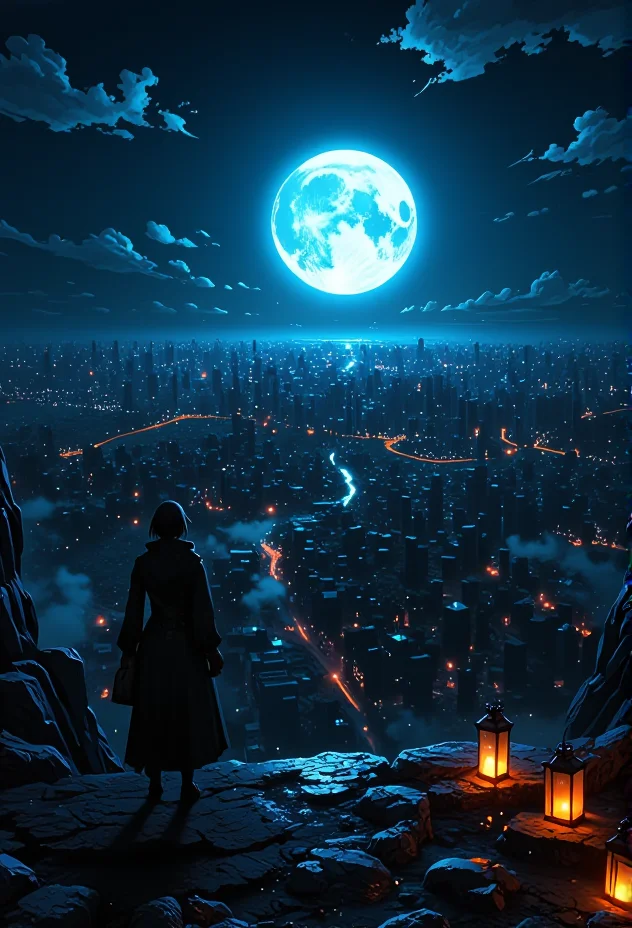 dawn scene of a figure standing on a cliff edge. The scene showcases a brilliant full moon casting ethereal light, with a city skyline sparkling below in the background. The lighting casts soft, warm glows, enhancing the surreal beauty of the landscape. The figure is dressed in a futuristic outfit, adding a mysterious allure. Small details, like lanterns scattered around, bring an extra layer of magic and realism to the scene.}bv-stuanilan<lora:bv-stunning-anime-landscape-v1.safetensors:1.0:1.0>