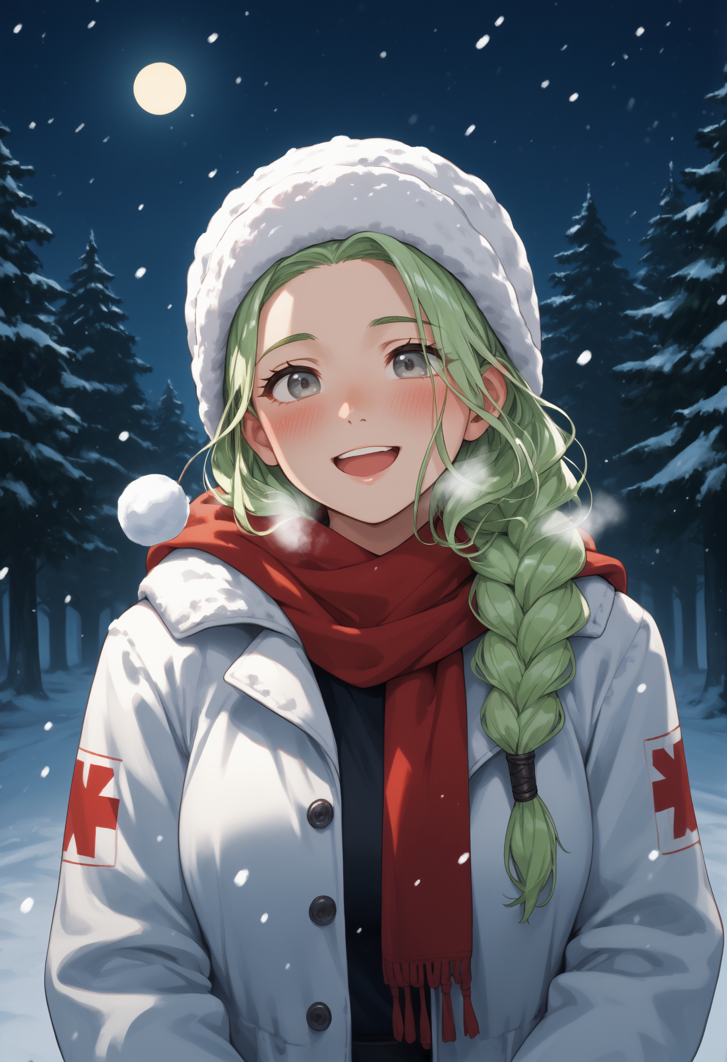 score_9, score_8_up, score_7_up, 1girl, FENottRND, grey eyes, green hair, long hair, single braid, large breasts, toned, 
winter clothes, fur hat, winter coat, red scarf,
smile, blush, breath, open mouth, snowing, throwing snowball,
outdoors, winter, forest, dark, night, 
<lora:FENottPDXL_V1-Manityro-CAME:1.0>,