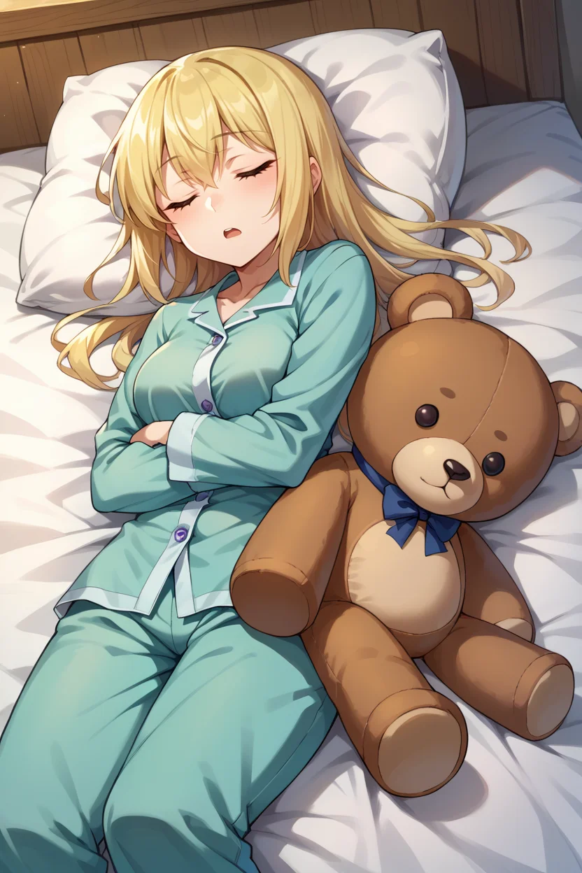 score_9, score_8_up, score_7_up, score_6_up, source_anime, BREAK 1girl, solo <lora:aiswallenstein-pdxl-nvwls-v1:0.9> ais wallenstein, cyan pajamas, sleeping, open mouth, bed, pajama pants, lying on side, teddy bear