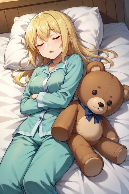 score_9, score_8_up, score_7_up, score_6_up, source_anime, BREAK 1girl, solo <lora:aiswallenstein-pdxl-nvwls-v1:0.9> ais wallenstein, cyan pajamas, sleeping, open mouth, bed, pajama pants, lying on side, teddy bear