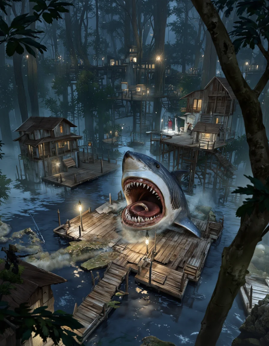By Brandon Le. A digital illustration shoot from a bird's eye view about a fantastical scene featuring a large, menacing shark-like creature emerging from a wooden structure in the middle of a swampy area at night. the creature, positioned in the center of the image, has a long, sharp, open mouth with sharp teeth and a menacing expression, and its body is made of metal with a metallic sheen. it appears to be floating on a wooden platform, surrounded by other structures and structures, with a dark, eerie atmosphere. on the left side of the platform, a figure of a man with a sword stands, and on the right side, another figure stands, holding a spear and facing away from the creature. the scene is set against a backdrop of dense foliage and a misty night sky, with water droplets visible on the water's surface. the lighting is dim, creating a dramatic and moody atmosphere, and the image is highly detailed with a focus on the creature's menacing appearance and the surrounding environment.