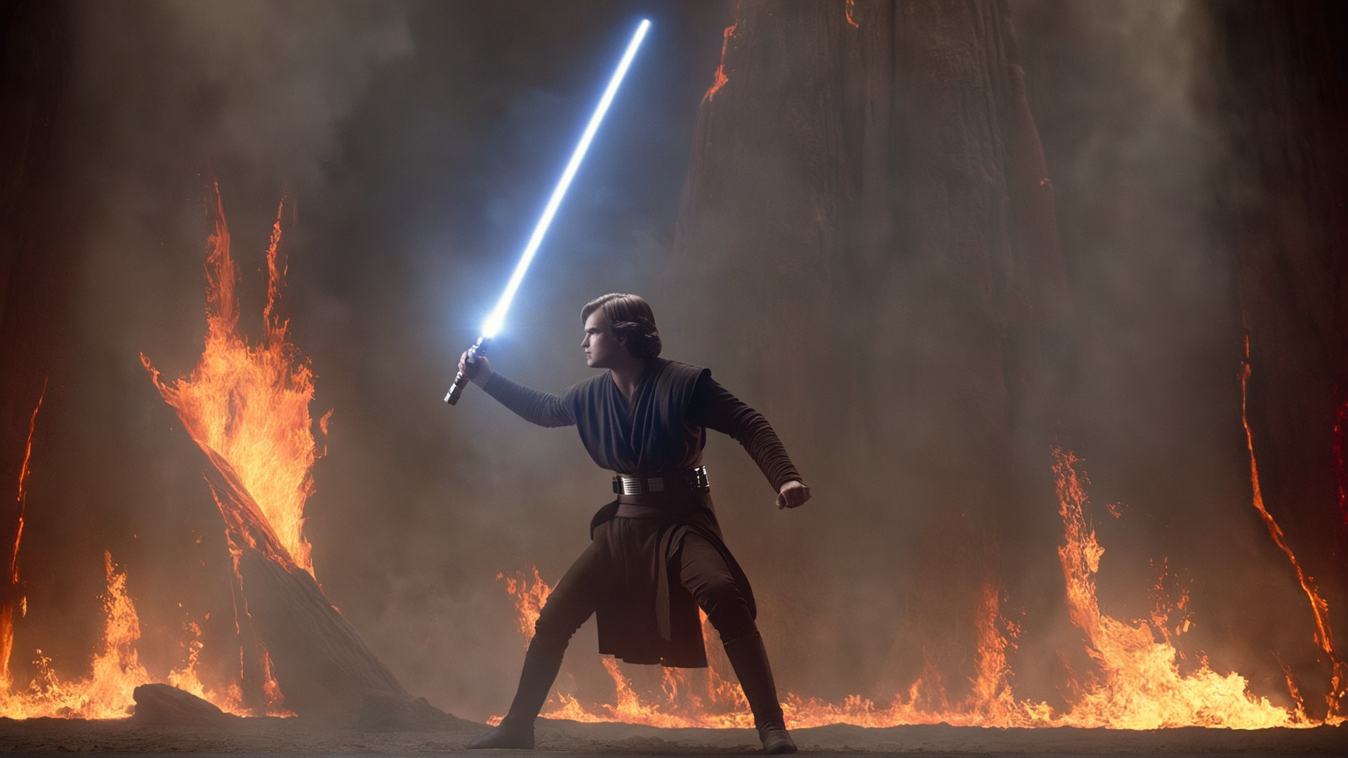 cinematic film still of  <lora:star wars style:0.2>
<lora:detailed:0.4> detailed
<lora:perfection style:0.4> perfect
<lora:PerfectEyesXL:0.5>
 <lora:Chiaroscuro Lighting Style:0.3>
 <lora:Mustafar:0.9>
Mustafar a man with a light saber standing in front of a fire,in star wars style,solo,1boy,holding,standing,weapon,male focus,sword,from behind,cape,holding weapon,glowing,holding sword,fire,glowing weapon,energy sword,embers, shallow depth of field, vignette, highly detailed, high budget, bokeh, cinemascope, moody, epic, gorgeous, film grain, grainy