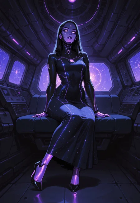 masterpiece, best quality, amazing quality,  high resolution, aesthetic,  robot woman, glowing purple body details, long hair, dark hair, scifi diplomat, beautiful patterned dress, midi dress, dark dress with high collar, 1girl, solo, starship interior, sitting,high heel, (artist: incase:0.5)
