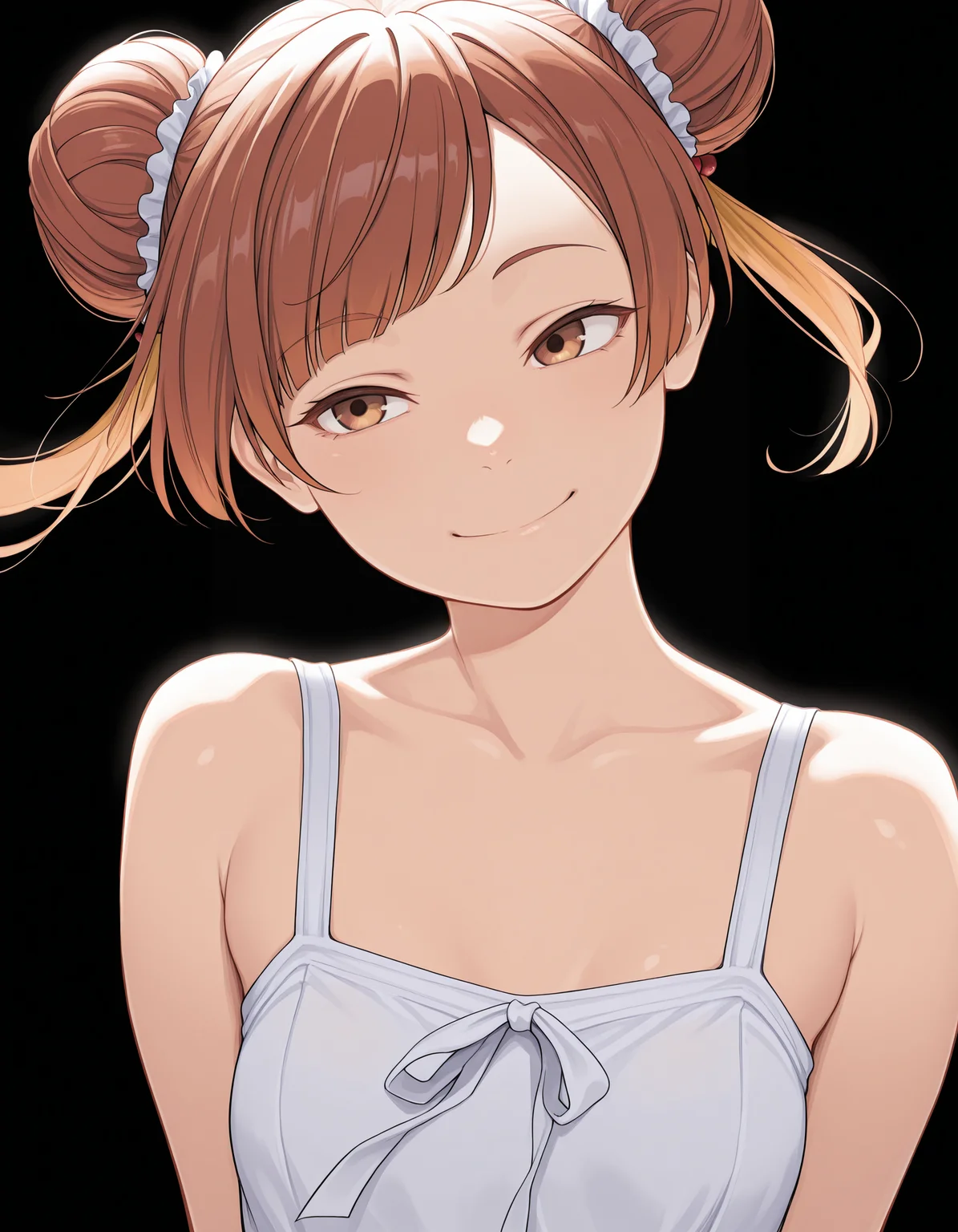 <lora:Laufen_1:1>1girl, solo,
lauf3n, hair bun, double bun, brown eyes, brown hair, swept bangs,
sundress, floating hair, closed smile,
small breasts,
(solid black background:1.4), simple background,, masterpiece, best quality, amazing quality