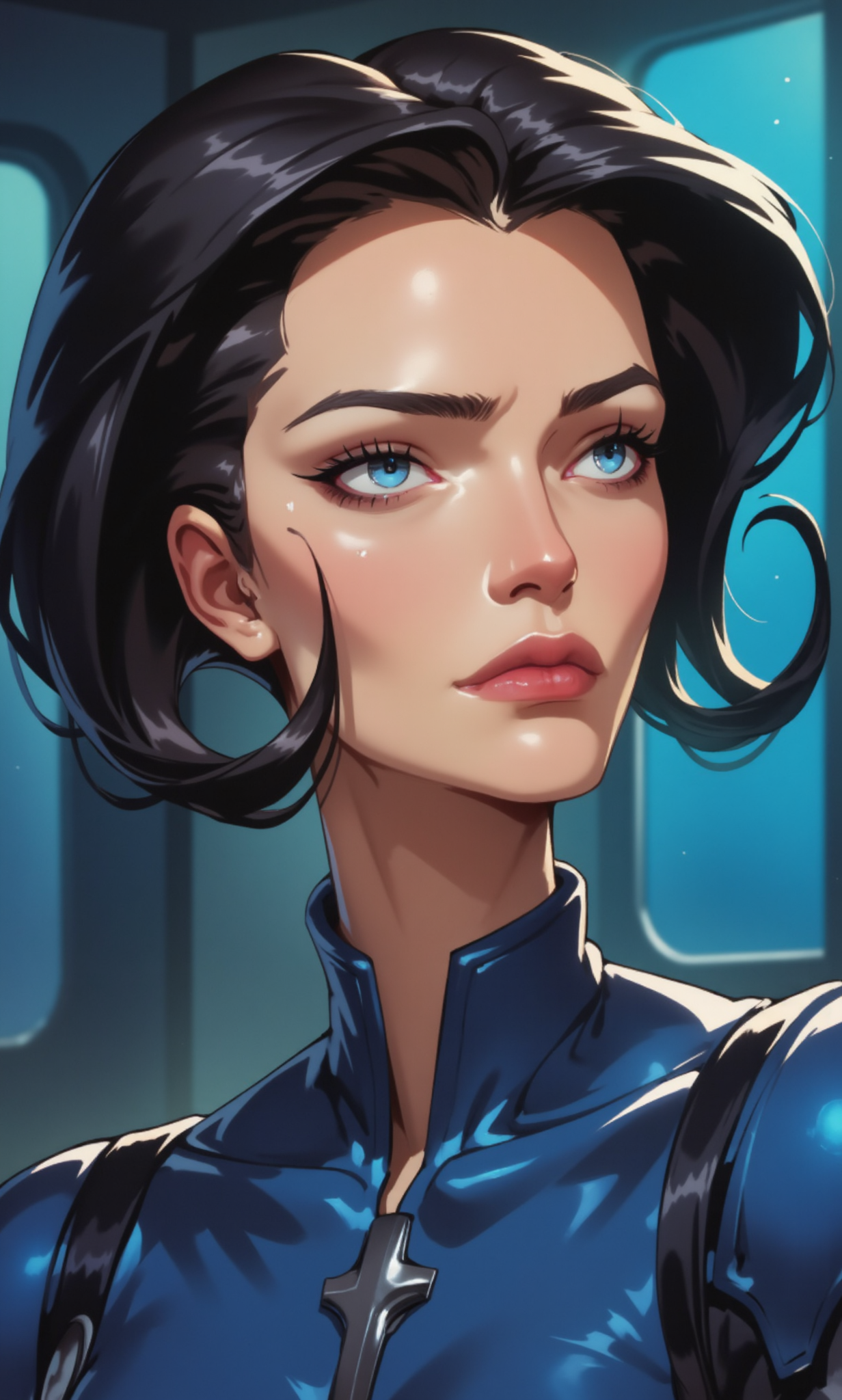 closeup on face , portait of face, (side view:0.5),dark blue outfit, aeon flux, black hair, blue eyes, upper body,  interior, futuristic city,shiny comic ,cyberpunk anime style , sharp image of a digital portrait of a woman's face. She has dark hair styled in a messy updo with loose curls framing her face. Her eyes are a piercing blue color and her eyebrows are a lighter shade of blue. She is wearing a blue jacket with a high collar and long sleeves. The background is a dark blue-green color with a hint of purple. The woman's expression is serious and her lips are slightly parted. The overall mood of the image is intense and dramatic.<lora:Pony\Aeon_Flux-000007.safetensors:1.0:1.0><lora:Flux\CPA.safetensors:1.0:1.0>