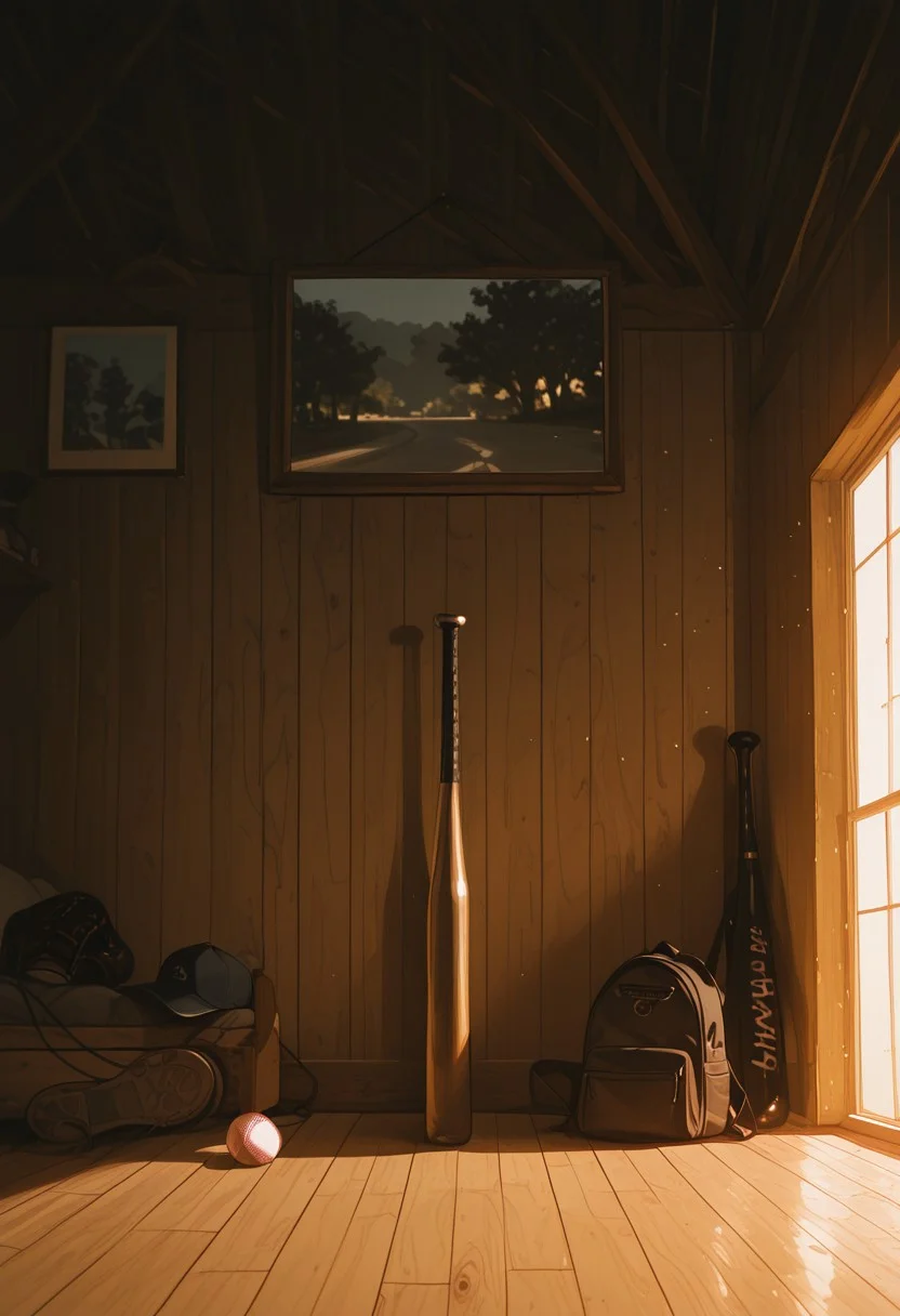 masterpiece, best quality, very aesthetic, absurdres, ambient light, soft light, artist:moriimee, incoth, (incase:0.6), SagawaStyle,
8K, illustration,CG, ((no humans)), bedroom scenary, denim backpack on wooden floor, baseball bat, baseball glove, baseball cap, reflective floor, window view background, sunlight from side, close up, depth of field, ((no body)), objective only,
high detail, sharp shading, centered composition, soft shadows