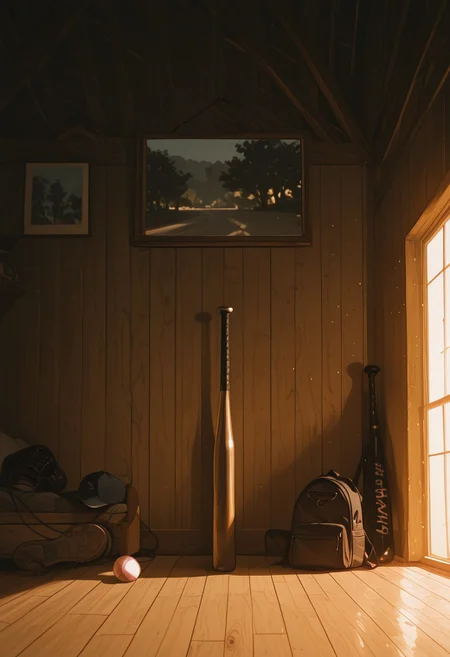 masterpiece, best quality, very aesthetic, absurdres, ambient light, soft light, artist:moriimee, incoth, (incase:0.6), SagawaStyle,
8K, illustration,CG, ((no humans)), bedroom scenary, denim backpack on wooden floor, baseball bat, baseball glove, baseball cap, reflective floor, window view background, sunlight from side, close up, depth of field, ((no body)), objective only,
high detail, sharp shading, centered composition, soft shadows