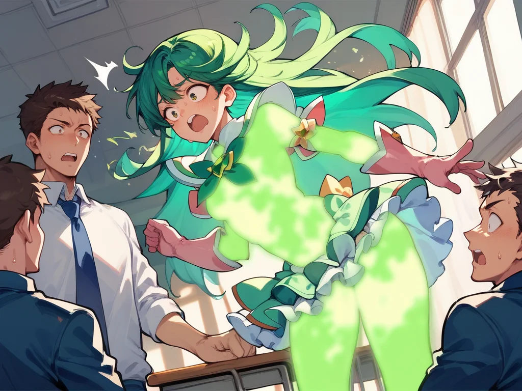score_9,score_8_up,score_7_up,source_anime,<lora:henshin:0.9>,henshin,glowing body,naked,long green hair girl,magical girl,surprised,sweat,frilled dress,
BREAK
(2 schoolboys:1.3),classroom,brown hair,school uniform,