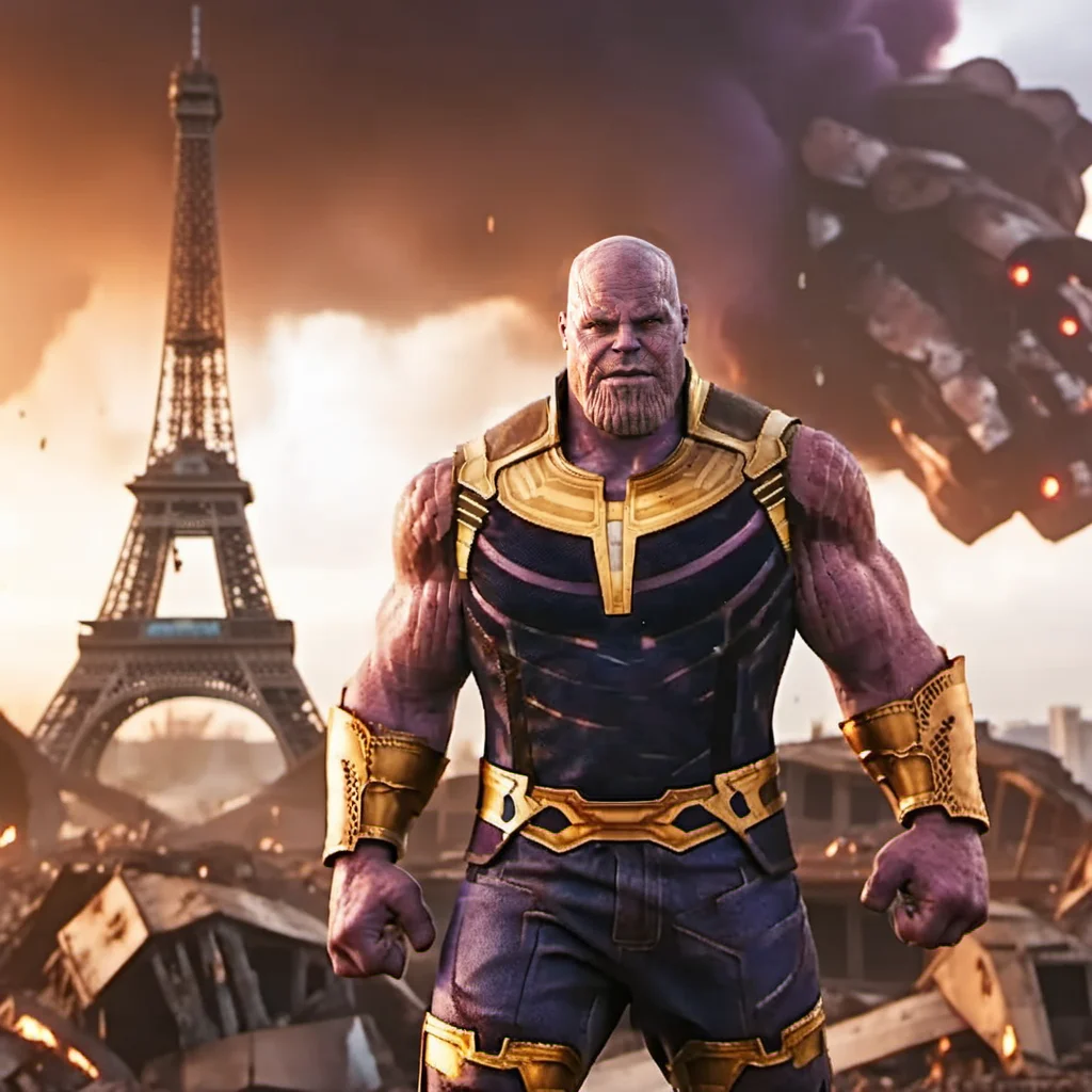 Thanos1024, a man, full body, postapocalyptic paris background, effeil tower, flames, explosions, detailed eyes, highly detailed , photography, ultra sharp, film, bokeh, professional, 4k <lora:add-detail-xl:1.5> <lora:Thanos1024:0.8>