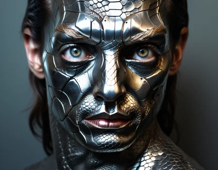 portrait iron skin, snake skin
metal eyes
