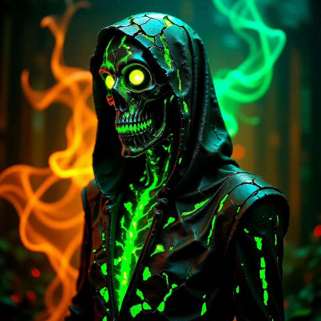 A fine art photograph of an elaborate industrial art Halloween Grim Reaper statues made of anodised copper with many tiny green cracks. The piece has obviously been made by a skilled craftsman, with finely detailed textures and surfaces. It is obviously old, with worn parts and a patina of grime. A phosphorescent glow emanates from it, illuminating the surrounding area. Wisps of glowing orange fog roil in the background. The overall feel of the image is Magical Realism. <lora:BlackColor:0.6> <lora:Magical_Glow_Flux:0.6> <lora:Green_Cracks_on_Black_Flux:0.6>