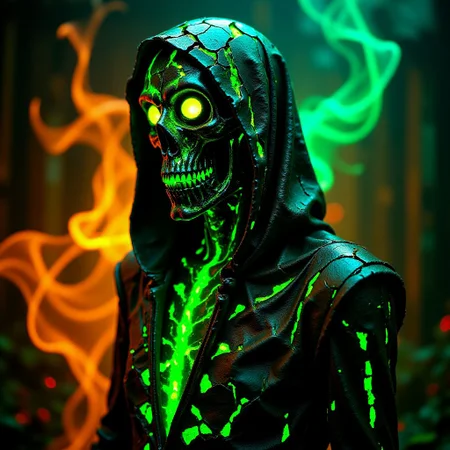 A fine art photograph of an elaborate industrial art Halloween Grim Reaper statues made of anodised copper with many tiny green cracks. The piece has obviously been made by a skilled craftsman, with finely detailed textures and surfaces. It is obviously old, with worn parts and a patina of grime. A phosphorescent glow emanates from it, illuminating the surrounding area. Wisps of glowing orange fog roil in the background. The overall feel of the image is Magical Realism. <lora:BlackColor:0.6> <lora:Magical_Glow_Flux:0.6> <lora:Green_Cracks_on_Black_Flux:0.6>