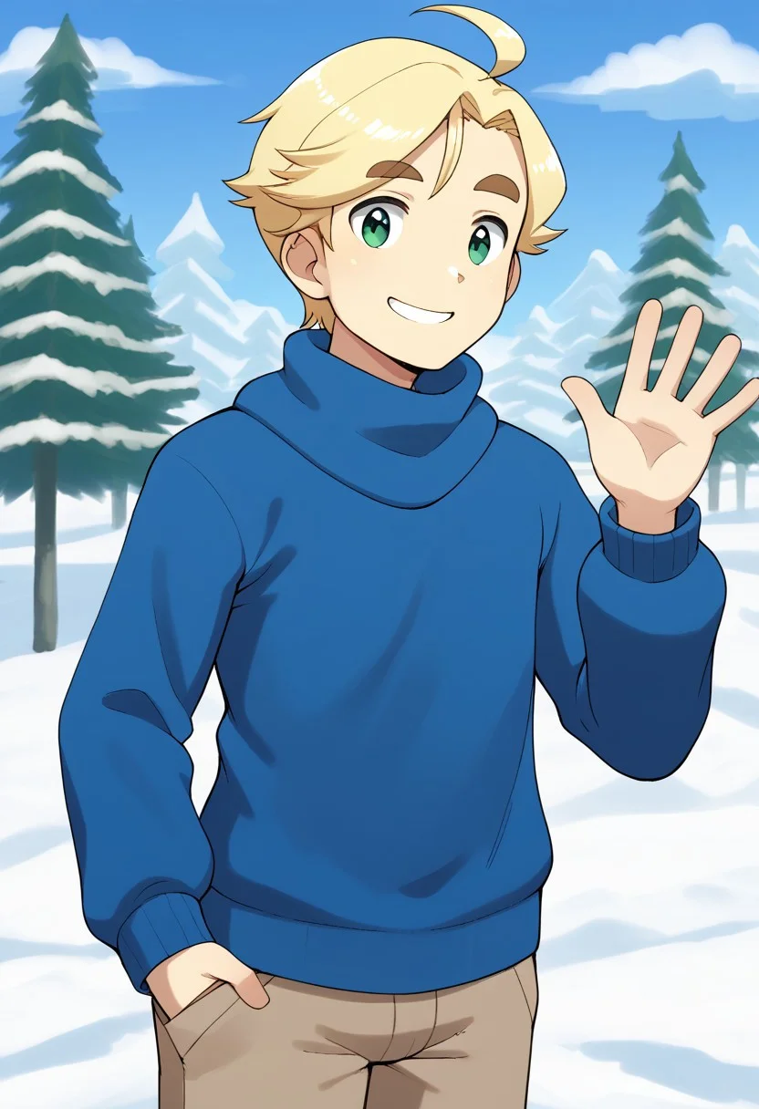 (source_anime, score_9, score_8_up, score_7_up:1), cowboy shot, 1boy, solo, blonde, short hair, side swept bangs, ahoge, green eyes, thick eyebrows, smile, waving, looking at viewer, blue sweater, outdoors, snow, trees, sky, clouds
