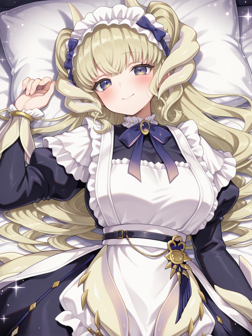 dragonmaid latys, 1girl, solo, smile, looking at viewer, blush, lying, on bed, closed mouth, sparkle, white apron, blue maid dress, blue bow hairband, dragon girl, blush
masterpiece,best quality,amazing quality,very aesthetic,absurdres,newest,<lora:Dragonmaid latys illuXL v1:0.77>,