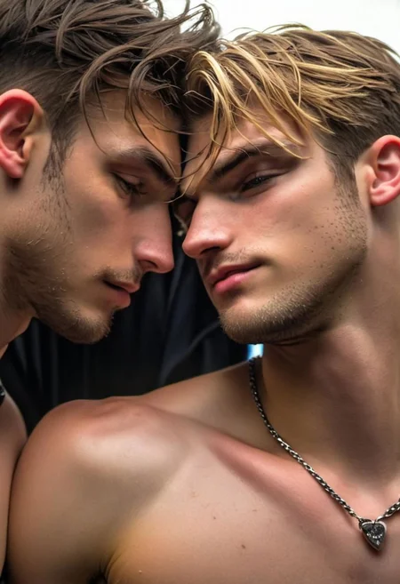 kyle ross, male focus, two handsome 18yo platinum blonde twinks embracing and kissing, close up of faces kissing, holding each other from behind, hugging from behind, face focus, dynamic posture, dramatic angle, camera angle from below, shirtless, stubble, hands on hip, black dog collar, black neck collar, long chain necklace, kinky,
skinny muscled, slender muscled, skinny, slender features, narrow shoulders, detailed armband tattoo, cute face, boyish face, perfect biceps, bicep veins, bulging veins, defined veins, great pecs, thin waist, angular face, strong and powerful, sporty, predatory look, feathered hair, long hair, shoulder length hair, great detail, satisfaction, blue eyes, bubble butt, small ass, small butt, tight shorts,
(Masterpiece, high quality:1.3), masterpiece, depth of field, bokeh, detailed, homoerotic, (homoerotic), highly detailed, sharp focus, intricate, smooth, elegant, fantasy, cinematic lighting, cinematic, masterpiece, matte, photorealistic, 4k, beautiful, volumetric lighting, dramatic, photo-realistic, life-like, high detail, lighting, 8Knematic lighting, 8K, contrast lighting, contrasting lighting, cinematic lighting,