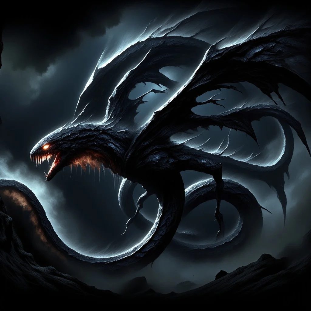 A terrifying flying snake with obsidian scales glides menacingly through the dark skies. Its body is sleek and sinuous, reflecting faint light off its razor-sharp scales. Massive, leathery wings stretch out on either side, beating with a whisper of death as it moves with predatory precision. Its eyes glow with an eerie, molten gold hue, filled with malevolent intelligence and a hunger for destruction. The creature's fanged mouth opens to reveal venom-dripping teeth, each one ready to deliver a fatal, paralyzing bite. Its hiss echoes through the air, a sound that sends chills down the spine, as it coils in mid-flight, ready to strike with lethal speed. This is no ordinary snake, but a beast of pure nightmare, embodying all that is dark and dangerous."