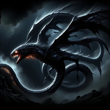 A terrifying flying snake with obsidian scales glides menacingly through the dark skies. Its body is sleek and sinuous, reflecting faint light off its razor-sharp scales. Massive, leathery wings stretch out on either side, beating with a whisper of death as it moves with predatory precision. Its eyes glow with an eerie, molten gold hue, filled with malevolent intelligence and a hunger for destruction. The creature's fanged mouth opens to reveal venom-dripping teeth, each one ready to deliver a fatal, paralyzing bite. Its hiss echoes through the air, a sound that sends chills down the spine, as it coils in mid-flight, ready to strike with lethal speed. This is no ordinary snake, but a beast of pure nightmare, embodying all that is dark and dangerous."