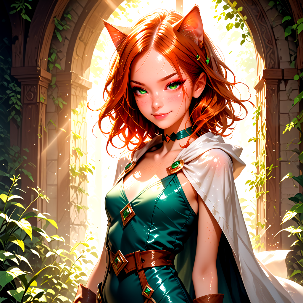 18 years old, 5 ft. tall (165 cm), and weighs 100 lbs. <lora:K1ttenPonyv2:0.6>, Kitten is a woman with long wind ginger hair pulled up, sparkling green eyes, freckles, and many body freckles. She also has ginger cat ears and tail. In her default Magician class, Kitten's outfit consists of a thin leotard with a wrap-around garment at the waist that forms a cape, along with a choker, gloves, and boots. She has a closed mouth smirk an d half-lidded eyes, 
1 girl, cute, (petite), sultry look, seductive, looking at viewer, <lora:DetailedEyes_V3:1>
(closeup:0.8), 
<lora:MythP0rtr4itStyle:0.4> mythp0rt, 
PonyScores7, 
glistening shiny skin, sexy,
naughty, (cleft of Venus:0.7),
epic beautiful lighting, god rays, light beams, volumetric lighting, rim lighting,
masterpiece, beautiful and detailed brightness, (goosebumps:0.5), subsurface scattering, ultra realistic, textured skin, visible skin detail, skin fuzz, cute, <lora:FaeStyle:0.8>