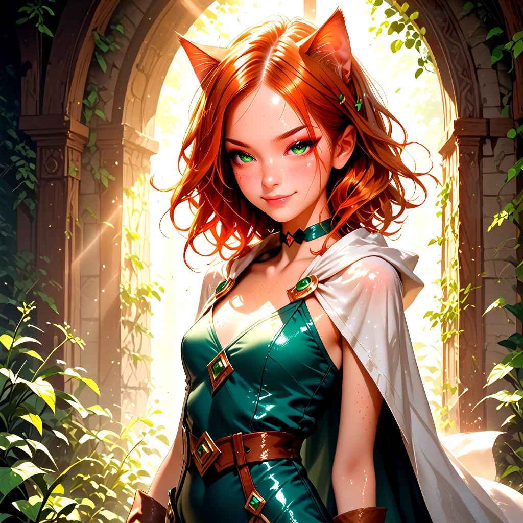 18 years old, 5 ft. tall (165 cm), and weighs 100 lbs. <lora:K1ttenPonyv2:0.6>, Kitten is a woman with long wind ginger hair pulled up, sparkling green eyes, freckles, and many body freckles. She also has ginger cat ears and tail. In her default Magician class, Kitten's outfit consists of a thin leotard with a wrap-around garment at the waist that forms a cape, along with a choker, gloves, and boots. She has a closed mouth smirk an d half-lidded eyes,
1 girl, cute, (petite), sultry look, seductive, looking at viewer, <lora:DetailedEyes_V3:1>
(closeup:0.8),
<lora:MythP0rtr4itStyle:0.4> mythp0rt,
PonyScores7,
glistening shiny skin, sexy,
naughty, (cleft of Venus:0.7),
epic beautiful lighting, god rays, light beams, volumetric lighting, rim lighting,
masterpiece, beautiful and detailed brightness, (goosebumps:0.5), subsurface scattering, ultra realistic, textured skin, visible skin detail, skin fuzz, cute, <lora:FaeStyle:0.8>
