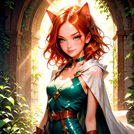 18 years old, 5 ft. tall (165 cm), and weighs 100 lbs. <lora:K1ttenPonyv2:0.6>, Kitten is a woman with long wind ginger hair pulled up, sparkling green eyes, freckles, and many body freckles. She also has ginger cat ears and tail. In her default Magician class, Kitten's outfit consists of a thin leotard with a wrap-around garment at the waist that forms a cape, along with a choker, gloves, and boots. She has a closed mouth smirk an d half-lidded eyes,
1 girl, cute, (petite), sultry look, seductive, looking at viewer, <lora:DetailedEyes_V3:1>
(closeup:0.8),
<lora:MythP0rtr4itStyle:0.4> mythp0rt,
PonyScores7,
glistening shiny skin, sexy,
naughty, (cleft of Venus:0.7),
epic beautiful lighting, god rays, light beams, volumetric lighting, rim lighting,
masterpiece, beautiful and detailed brightness, (goosebumps:0.5), subsurface scattering, ultra realistic, textured skin, visible skin detail, skin fuzz, cute, <lora:FaeStyle:0.8>