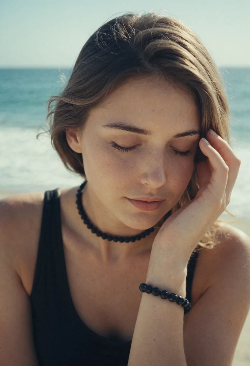 portrait, masterpiece, 4k, ray tracing, intricate details, highly-detailed, hyper-realistic, 8k RAW Editorial Photo.
This is a photograph of a young woman captured from a slightly elevated angle, emphasizing her serene and introspective expression. She has fair skin and light brown hair that falls loosely around her face. Her eyes are closed, and she wears a subtle, contented smile. She is dressed in a sleeveless black top that reveals her toned arms. Her left arm is raised and bent at the elbow, with her hand resting delicately on her forehead, while her right arm is bent gracefully over her head, with her hand resting on her upper arm.
Her nails are manicured and painted a soft, pastel pink. She wears a black choker necklace and a thick, dark brown beaded bracelet on her right wrist. The background features a blurred, out-of-focus view of a calm ocean, with gentle waves and a soft gradient of blue hues, indicating a serene beach or coastal setting. The overall mood of the photograph is tranquil and contemplative, with a focus on natural beauty and self-reflection. The image is captured during daylight, with soft, natural light enhancing the textures and colors of her skin and clothing.
cinematic light, dramatic light, shallow depth of field, high budget, bokeh, cinemascope, film grain ISO 200 faded film, 35mm photo, grainy, vignette, vintage, Kodachrome, Lomography, stained, highly detailed, found footage