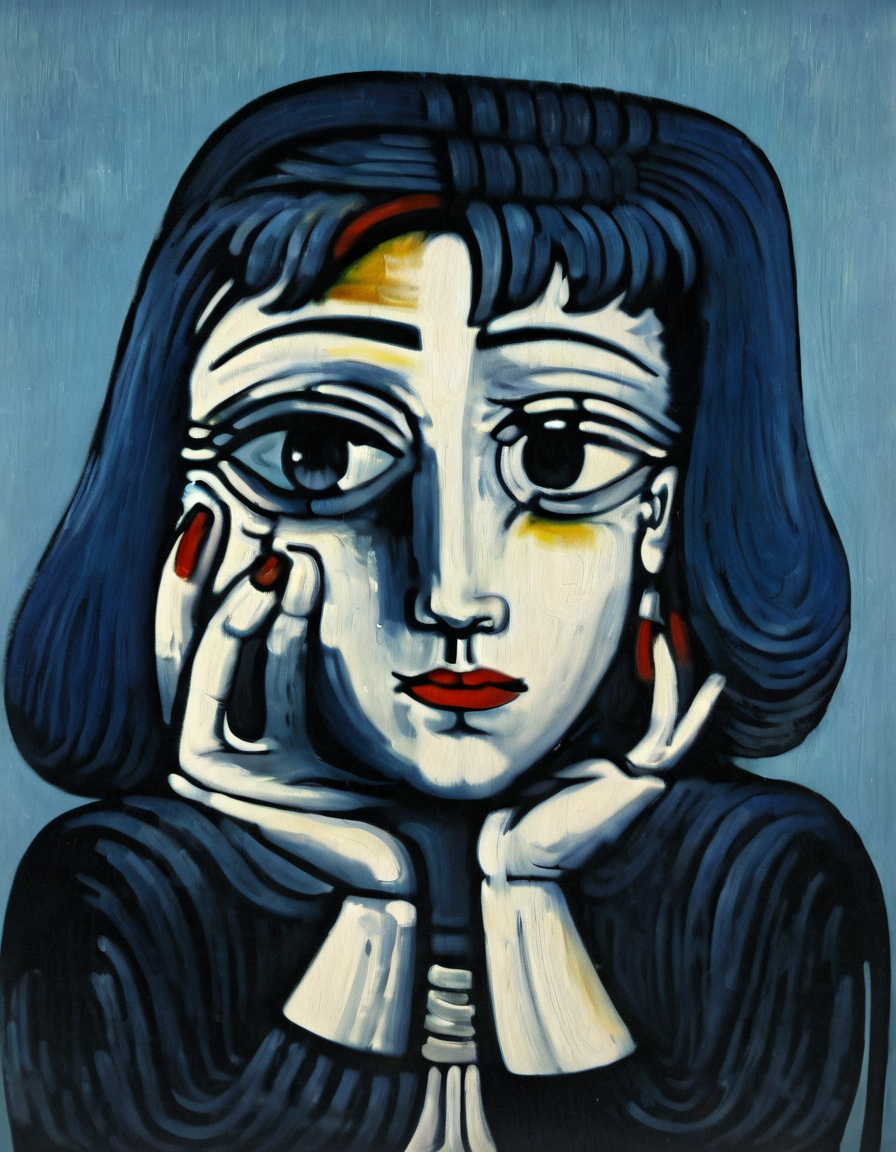 <lora:p5c0:0.9>p5c0 woman resting her head on her hand, blue background