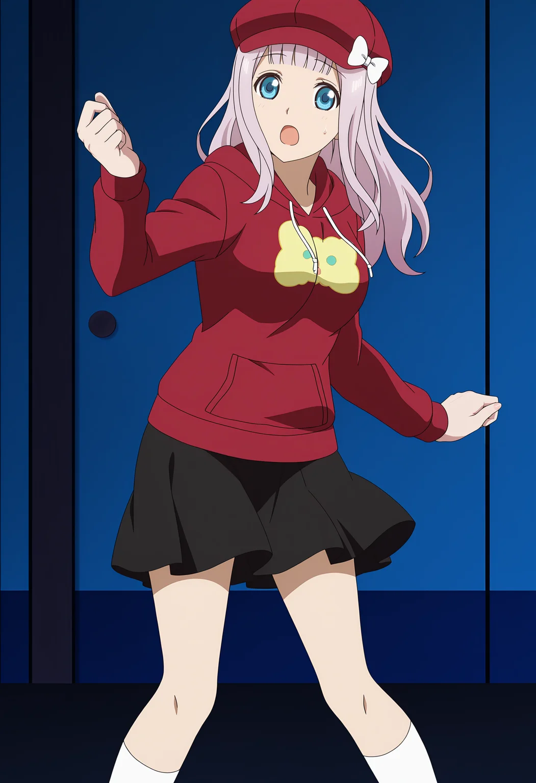 <lora:Chika FUJIWARA_illustrious-000012:1>,
Chika FUJIWARA, solo, skirt, hat, hoodie, hood, red headwear, open mouth, black skirt, bow, socks, anime coloring, anime screencap