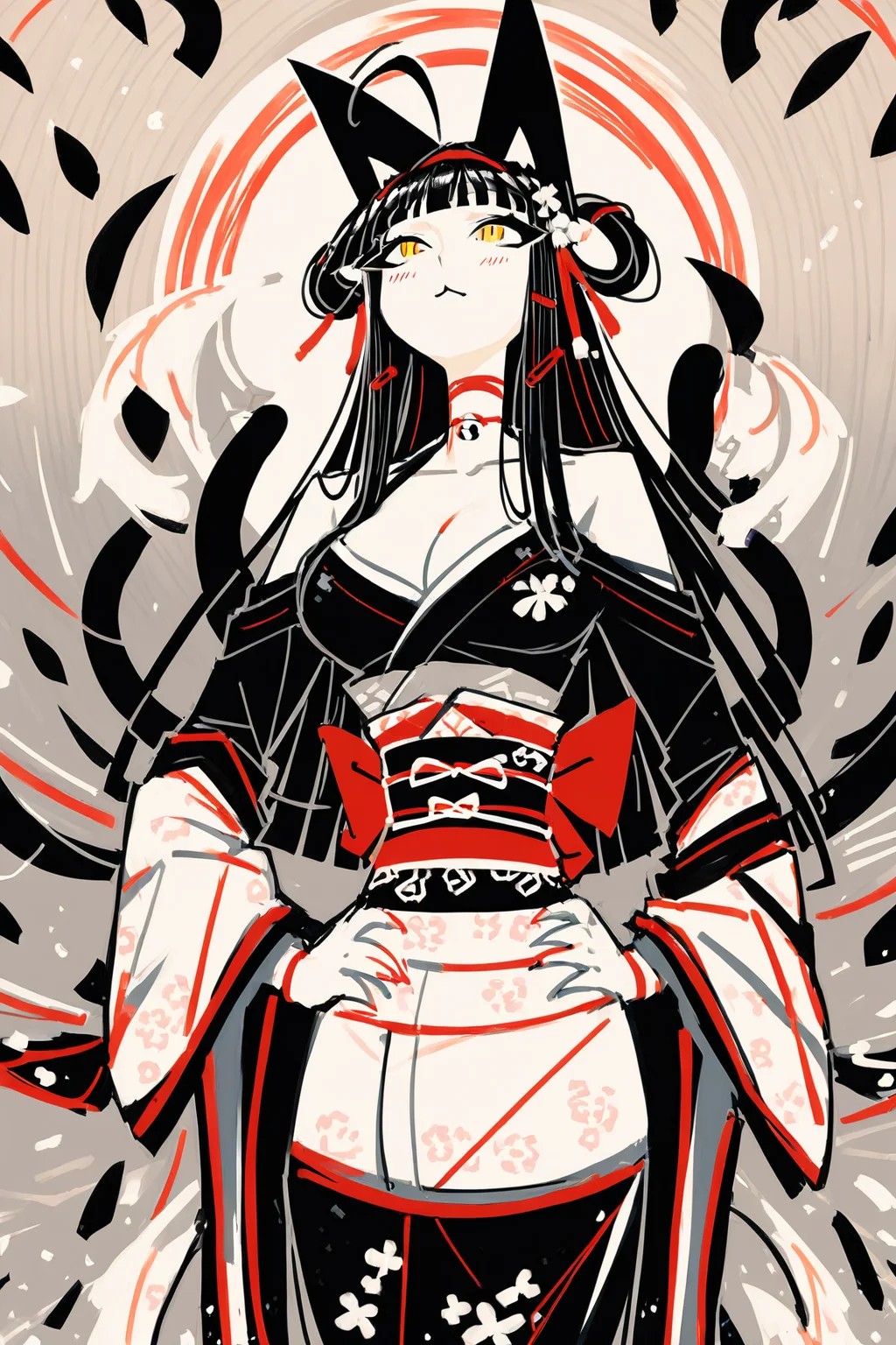 score_9, score_8_up, score_7_up, kuroka \(high school dxd\), animal ears, black hair, breasts, cat ears, cat girl, cat tail, cleavage, collarbone, hair rings, hairband, japanese clothes, kimono, large breasts, multiple tails, obi, sash, yellow eyes, solo, solo focus, cowboy shot, limited palette,wide shot,dark,black theme, Standing with hands on the hips, looking up., <lora:andaerz:1>