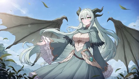<lora:PAARTHURNAX_IL:0.5>,
masterpiece,best quality,good quality,newest,
outdoors,detailed background,nature,blue sky,blue sky,lens_flare,glitter,
smile,
looking at another,
solo,
PAARTHURNAX,1girl,dragon horns,broken horn,dragon girl,dragon wings,very long hair,green hair,hair between eyes,green eyes,breasts,
capelet,dress,sleeves past wrists,wide sleeves,
wind,floating hair,