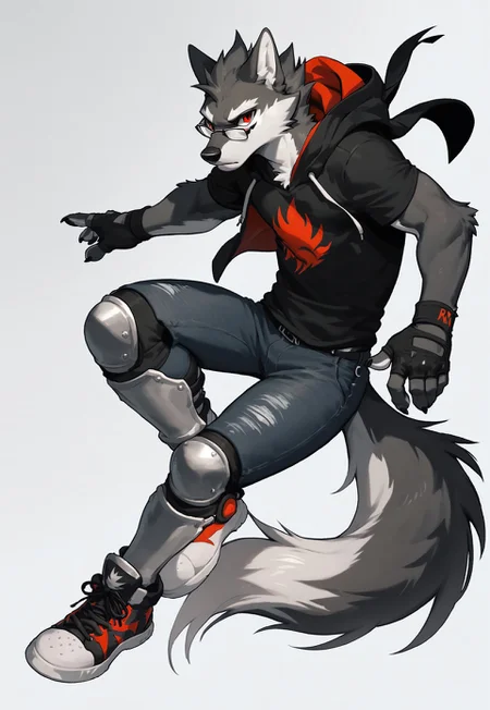 score_9, score_8_up, score_8, 1boy, anthro, black and white furr male wolf, red eyes, solo, male , fluffy long tail, black jeans, T-shirt, hooded windbreaker,  knee pads and greaves, fingerless gloves, sneakers , glasses on the eyes , black nose