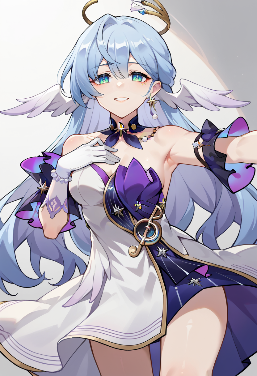 score_9, score_7_up, source_anime, BREAK solo,  <lora:Char-HonkaiSR-Robin-Pony-V1:0.9> robin \(honkai: star rail\), head wings, halo, earrings, detached collar, sleeveless dress, detached sleeves, white gloves, blue pumps, light smile, (hand on own chest:1.2), outstretched arm,
