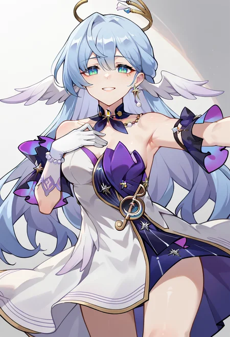 score_9, score_7_up, source_anime, BREAK solo, <lora:Char-HonkaiSR-Robin-Pony-V1:0.9> robin \(honkai: star rail\), head wings, halo, earrings, detached collar, sleeveless dress, detached sleeves, white gloves, blue pumps, light smile, (hand on own chest:1.2), outstretched arm,