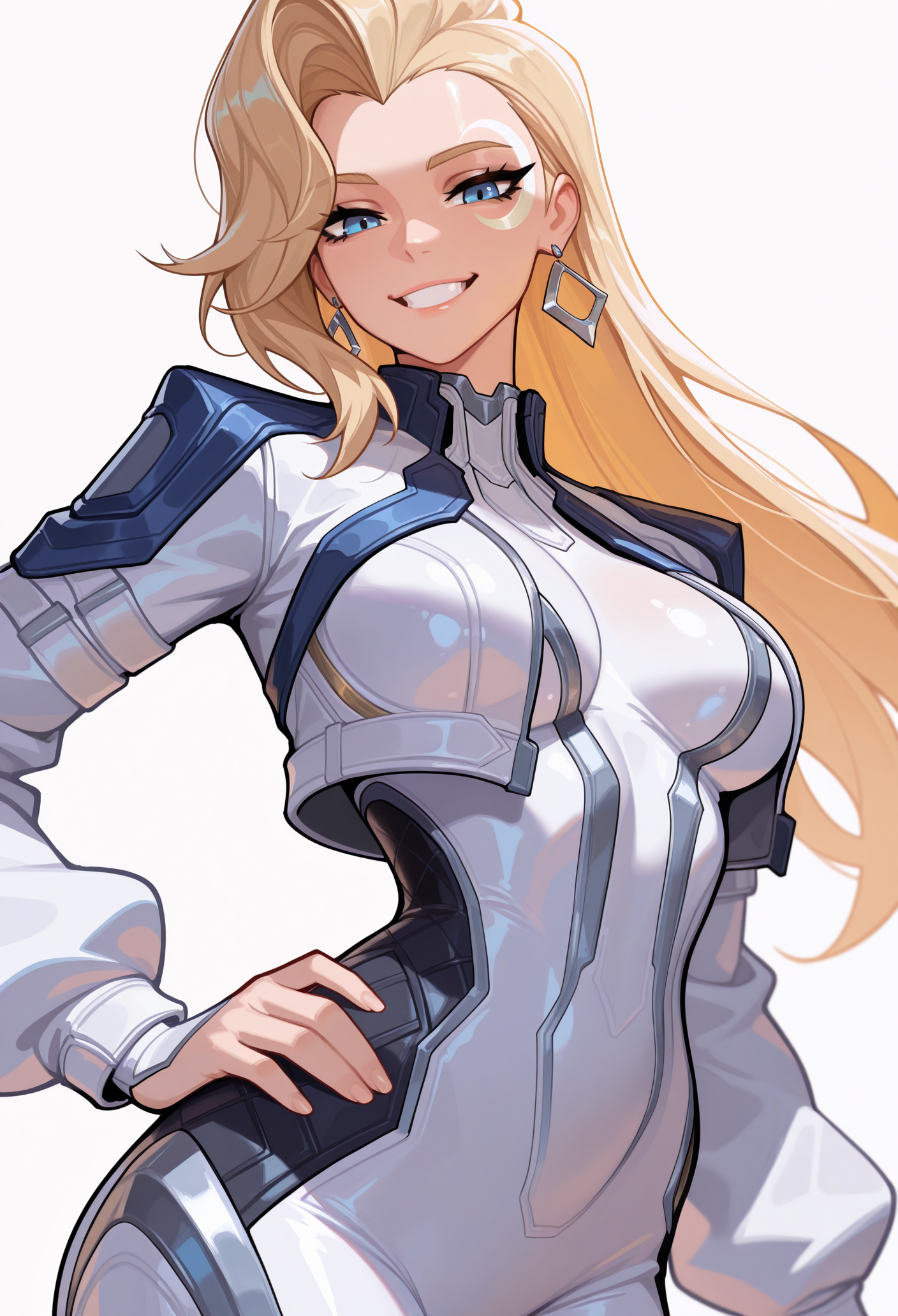 1girl, solo, looking at viewer, hand on own hip, grin, white background, simple background, blonde hair, long hair, asymmetrical hair, crescent facial mark, blue eyes, earrings, white bodysuit, long sleeves, cropped jacket, white jacket, skin tight, 
masterpiece, best quality, <lora:daggerMR-guy90-Illust-LoraV1:1>, reggad