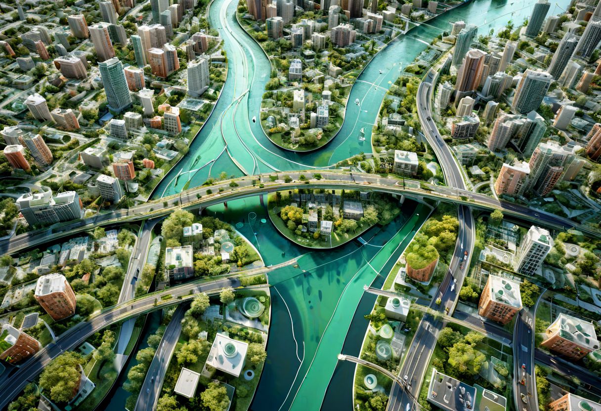 artaitwn, overhead view of downtown. Green zone planning project, illustrated, perfect, cute, water effects, highways. Bridges