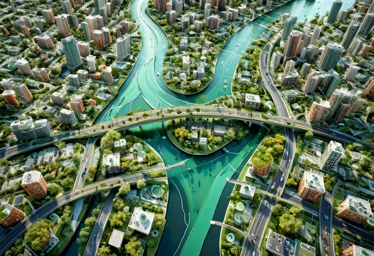 artaitwn, overhead view of downtown. Green zone planning project, illustrated, perfect, cute, water effects, highways. Bridges