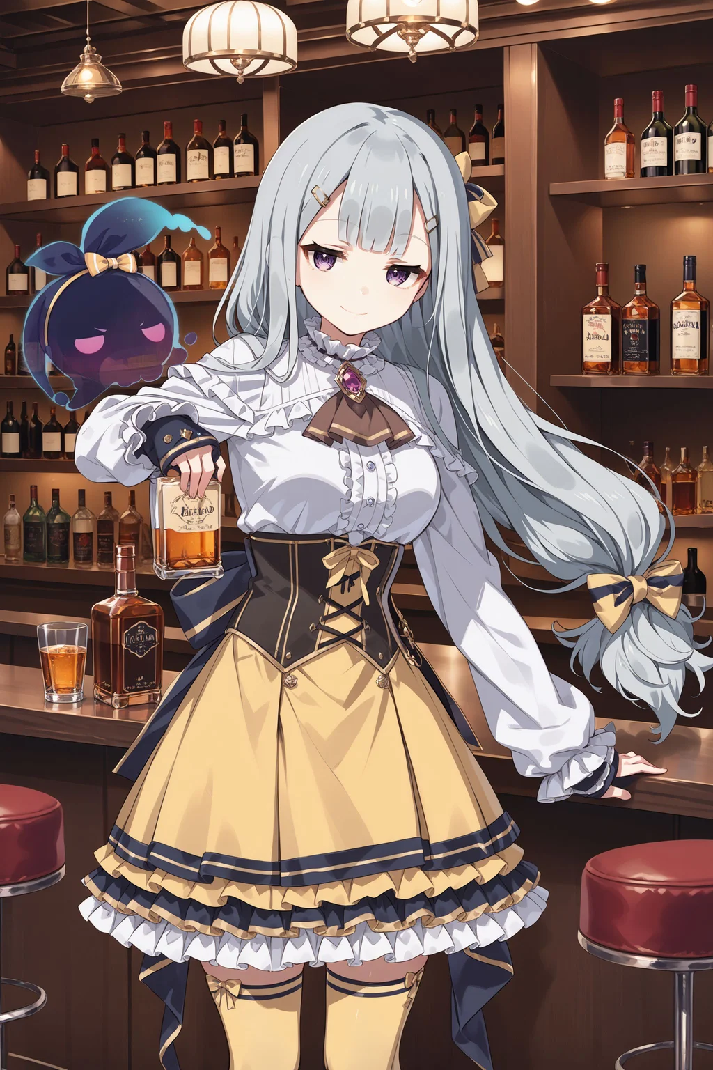 score_max, (score_9, score_8_up, score_7_up:1.2), score_6_up, official art, source_anime,
, masterpiece, absurdres, high detail, 8k,
bar, wooden floor, bar counter, whiskey, wine,
standing, holding tray, bored, smile, black ghost,
solo, rubetti, grey hair, low-tied long hair, hairclip, hair bow, striped bow, yellow bow, frilled collar, brown ascot, brooch, purple gemstone, white shirt, frilled_shirt, center frills, long sleeves, sleeves past fingers, yellow corset, yellow skirt, frilled skirt, yellow thighhighs
<lora:XL_Pony_gomaotsu-ruberis-t1:1.0>