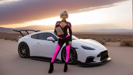 Lilly_Neph, (masterpiece photo of 1girl standing in front of vehicle:1.3) ,full body wide angle cinematic shot [standing on path leading to alien city under glass dome], surreal purple sky,(standing woman holding tablet device:1.3), (vehicle focus:1.3),alien planet, surreal desert terrain, arm extended holding tablet, standing next to widebody++ cyberpunk++ prerunner rally offroad car style of (Giorgetto Giugiaro:1.2), (style of Gordon Murray:1.4), (style of Horacio Pagani:1.1),dark stormy clouds paintjob wrap, [alien sky], (magenta and black cloudy skies storms intricate details depth shadows), [ringed planet in distance], dust trails, dust devil <lora:Drone_Cars_XL:0.9>, (pale, 24 years old, cleavage, skinny waist, young european woman, futuristic fashionista:1.5), utility belt, map, (backlit sliced bob medium center part white hair:1.3),form-fitting high tech racesuit with neon magenta accents that highlight her silhouette,(dragon scale leggings:1.1), volumetric lighting