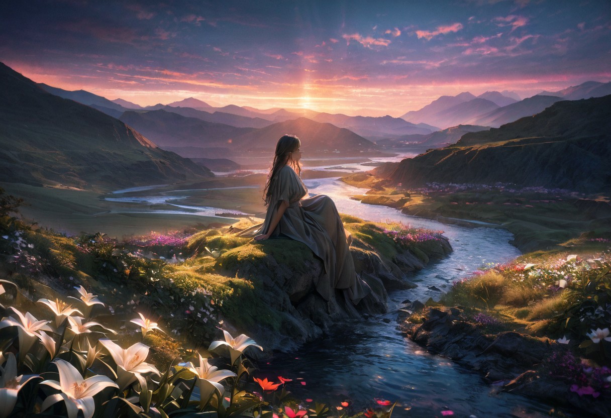 (best quality,8k,high res,masterpiece:1.2),photorealistic,ultra-detailed, vibrant photography of a Lilly in nature, dramatic lighting, finely ,fine detailed,Natural scenery, majestic landscape, colorful flowers, distant mountains, flowing rivers, melting sunset, serene atmosphere, dazzling sunlight, blissful vibes, luscious greenery, soft breeze, ethereal beauty, seek, Flora