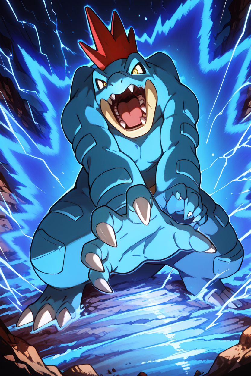 masterpiece, best quality,  zzferaligatr, claws, yellow eyes, sharp teeth, roaring amidst a raging storm, lightning illuminating its massive frame, rain cascading down its powerful body, claws digging into rocky terrain, windswept waves crashing in the background   dynamic pose, incoming attack, foreshortening, dynamism, motions lines, blue aura, serious,  ,<lora:FeraligatrPokedexIXL:1.0>,  <lora:DBSBroly_Style_IXL_v2:0.8> <lora:IckpotIXL_v1:0.6>,
