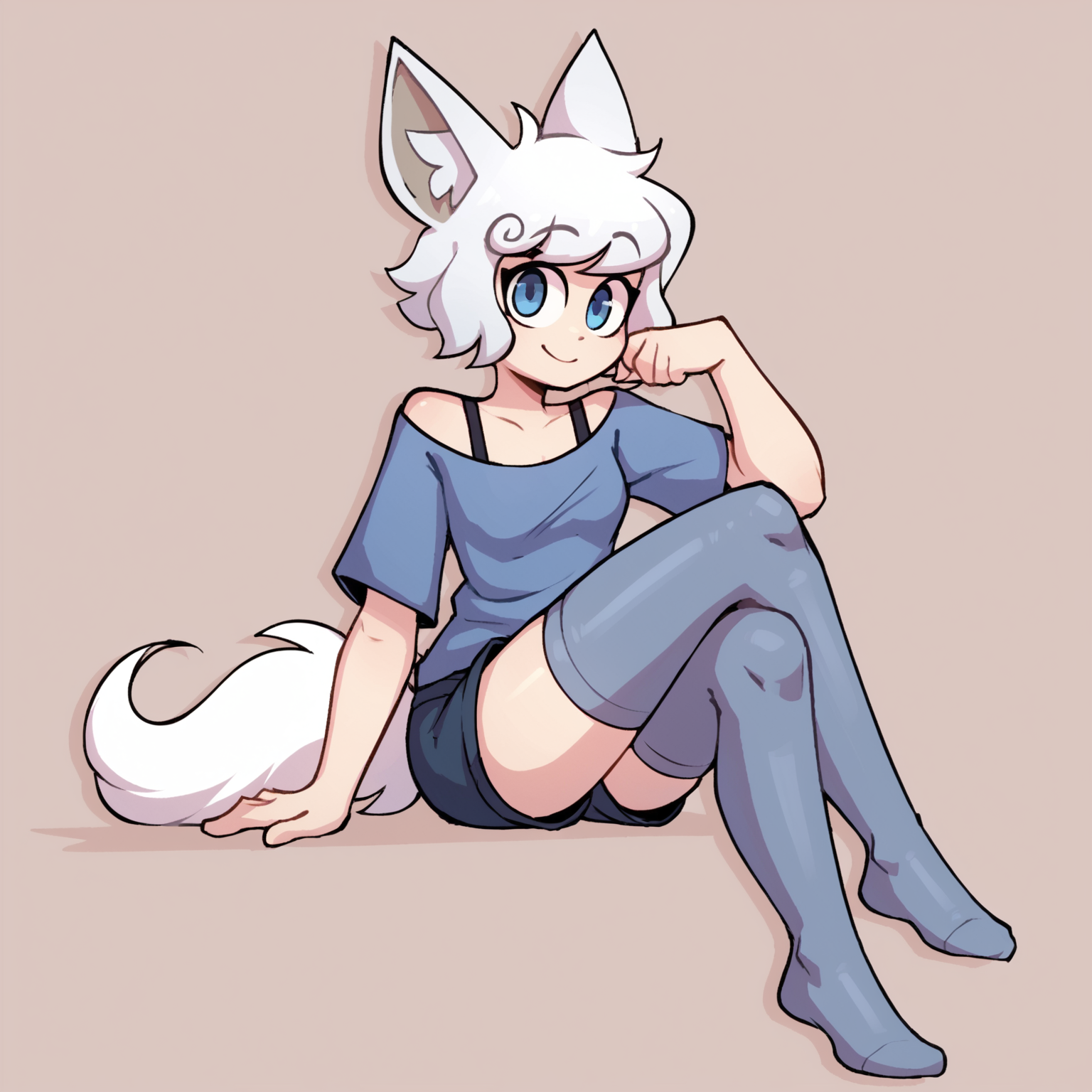score_9, score_8_up <lora:Yuki-PONY:1> yuki, female, solo, sitting, shirt, bra strap, shorts, thighhighs, looking at viewer, cute, simple background, legs crossed